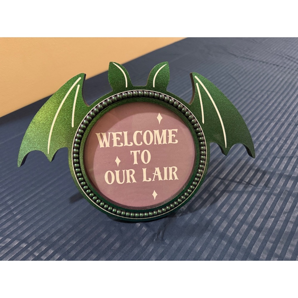 Halloween Bat Welcome To Our Lair Tabletop Sign Green Glitter Gothic Decor